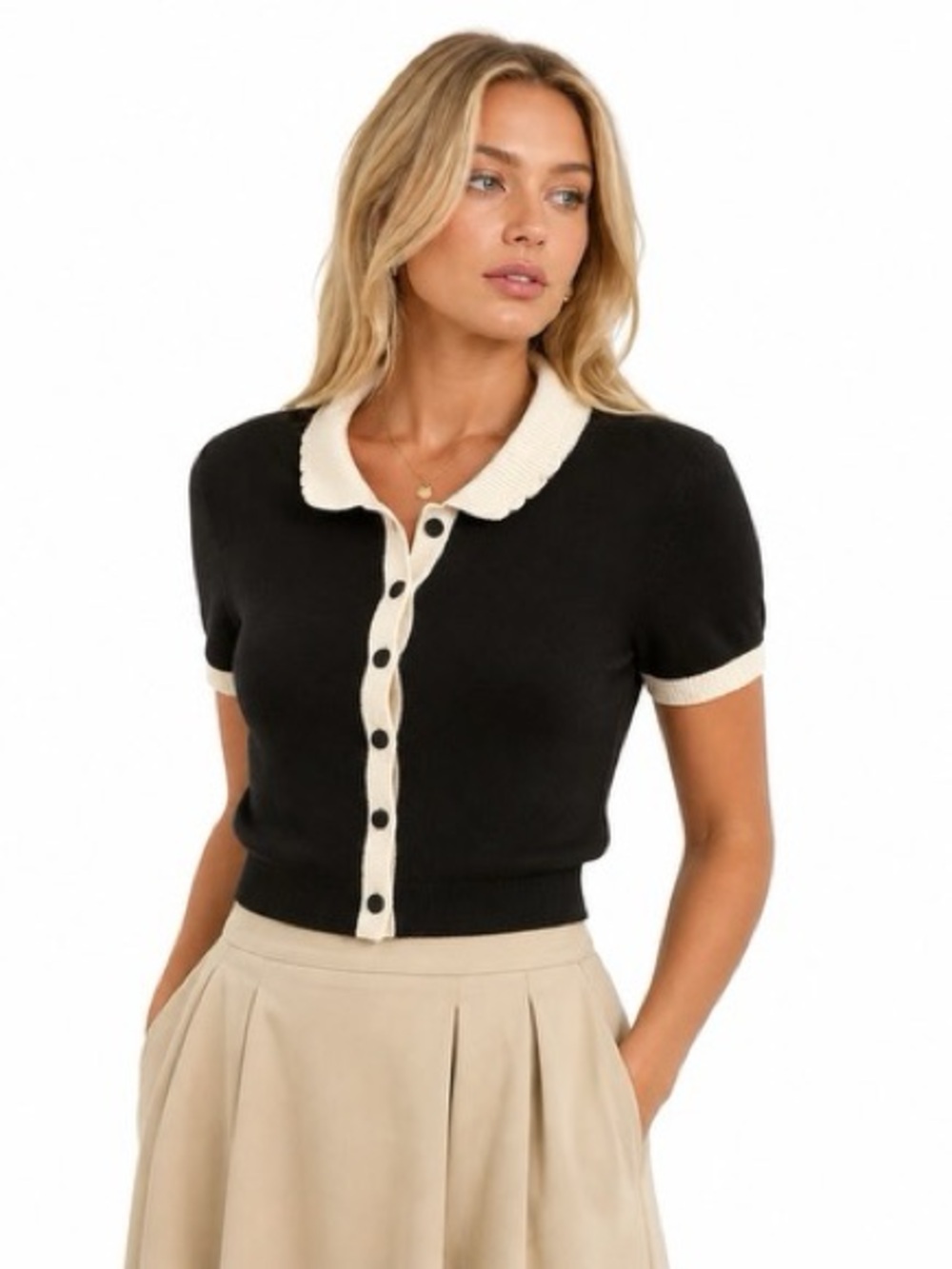 Joie Black Short-Sleeve Polo Cardigan with Cream Trim